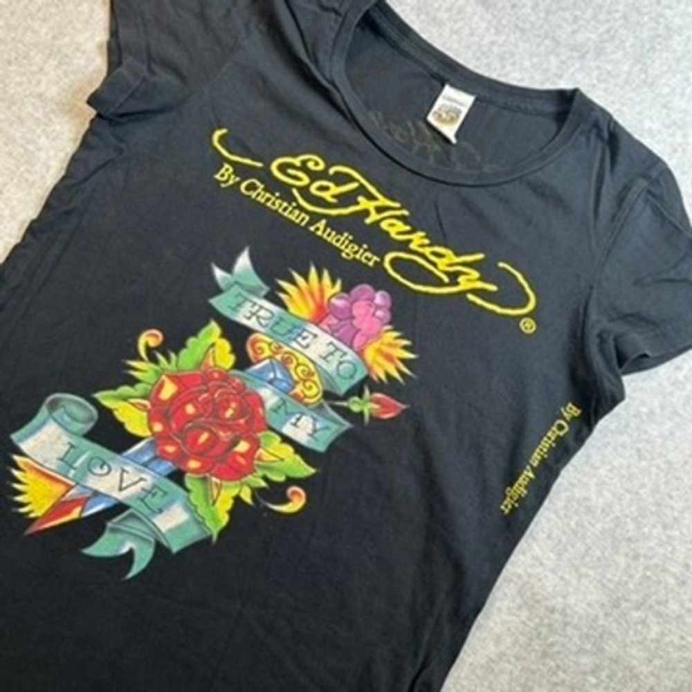 Ed Hardy True To My Love T Shirt Womens Medium Black Rose Graphic Tee